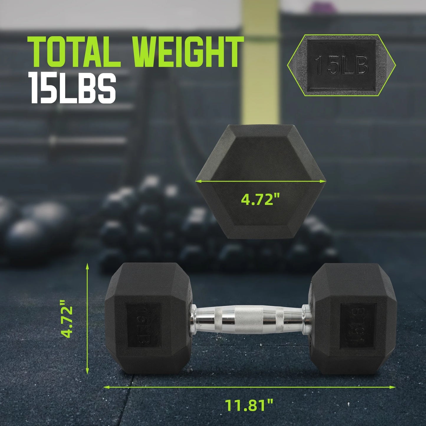 Rubber Encased Hex Dumbbell, Black, 15 Lb